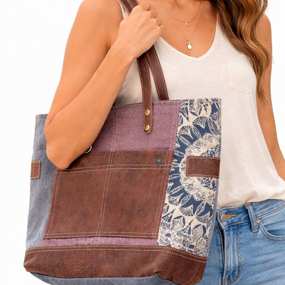Myra bag canvas vegan leather flower print tote upcycled